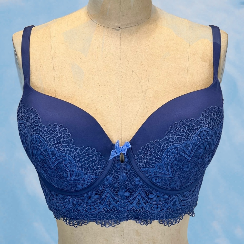 Victorias Secret lined Demi bra sapphire blue lace convertible cross strap‎ 34DD